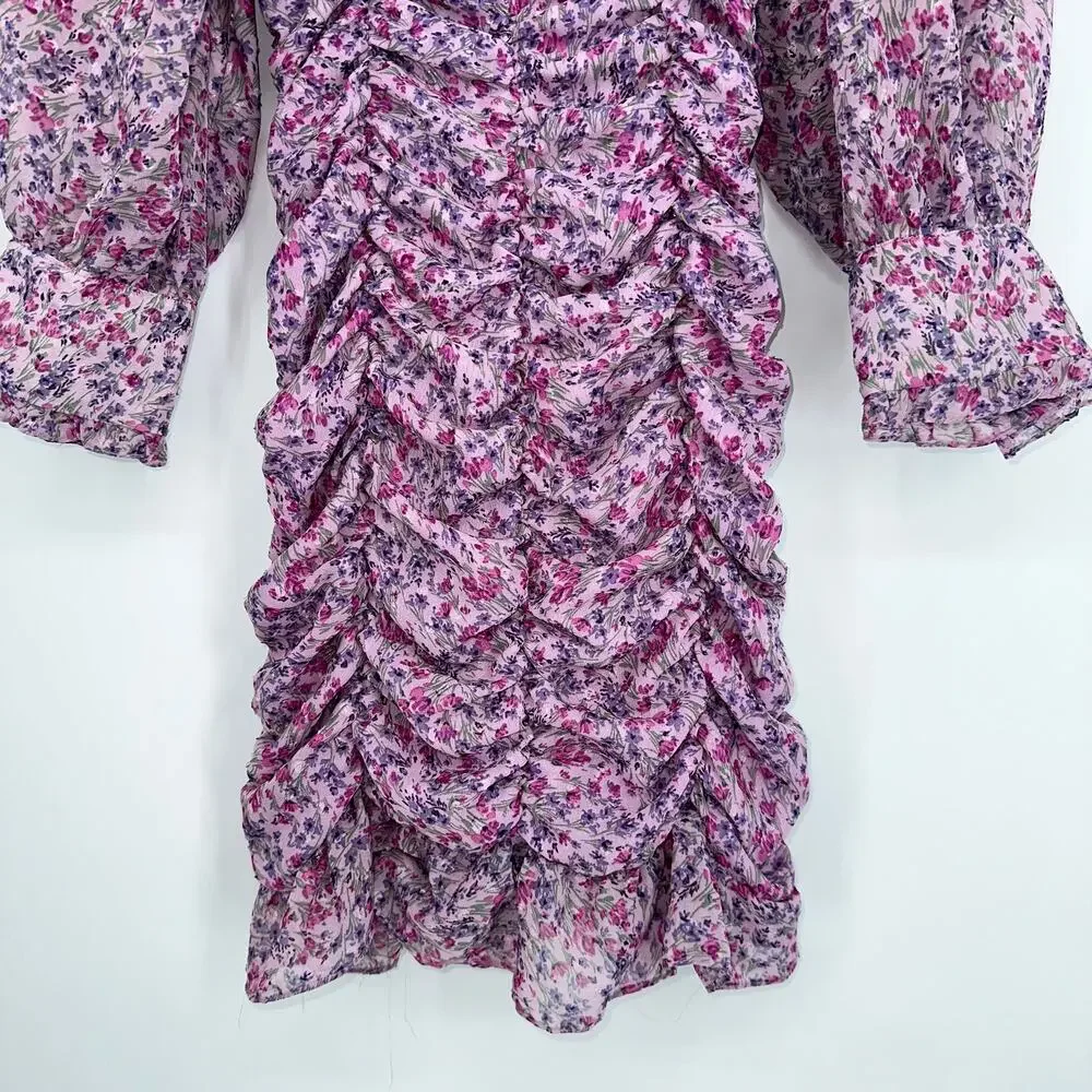 ZARA Floral Print Draped Long Sleeve Ruffle Mini Dress Bloggers Fav Pink/ Purple - Picture 7 of 12